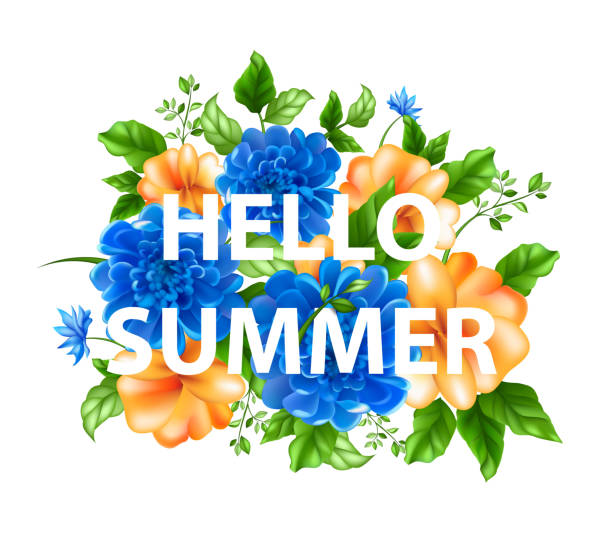 ilustraciones, imágenes clip art, dibujos animados e iconos de stock de ilustración de flores con letras hola de verano - plan flower arrangement single flower blue