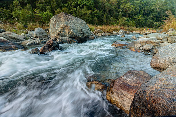 istock Reshi River water flowing on rocks at dawn, Sikkim, India 540114888
