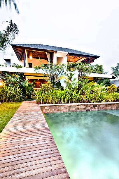 istock Wooden pathway to a modern house through a garden 540116572