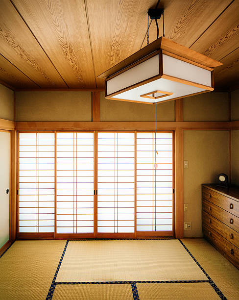 istock Japanese tatami room front view back lit with suspended lamp 540119126