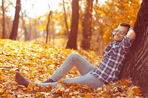Young smiling man in casual clothing sitting in park and watching falling leaves on sunny autumn afternoon. Man is sitting under the oak tree and looking up. Image taken in direct light with Nikon D800 and 85mm pro lens, developed from RAW and given washed look, with yellow tone. Location: Novi sad, Serbia, Europe.