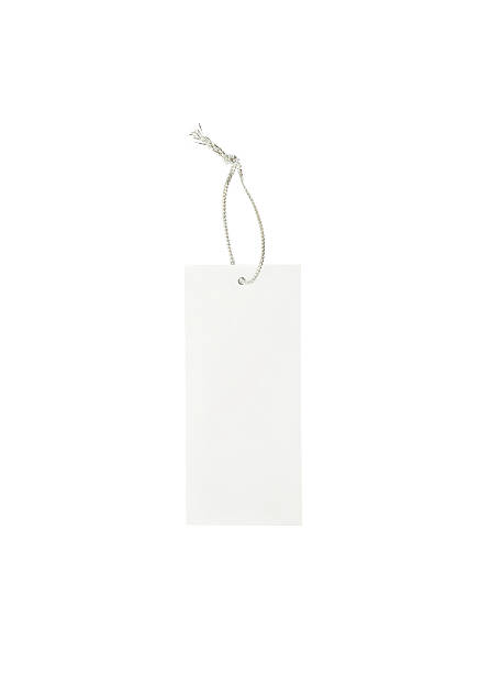 istock Closeup white price tag with silver color rope isolated 540124350