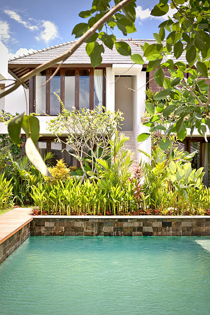 istock Modern swimming pool and the green tree garden 540124876