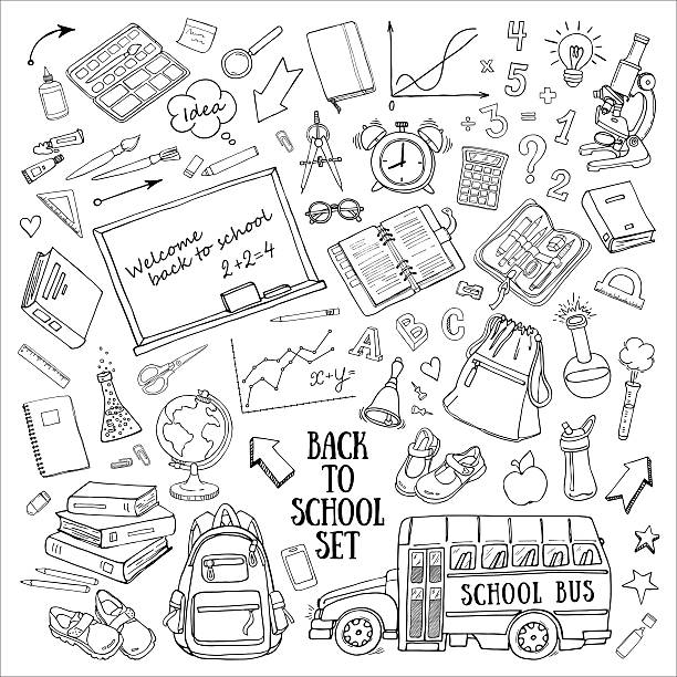 zurück zur schule handgezeichnete doodles set mit vorräten, schulbus - apple grafiken stock-grafiken, -clipart, -cartoons und -symbole