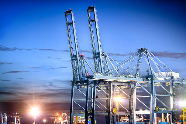 istock Port cranes working in shipyard at dusk 540129000