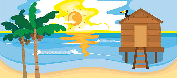 Quiet beach life Illustration of a Brazilian beach with warm sunshine and a stilt house with toucans and coconut trees. stilt house stock illustrations