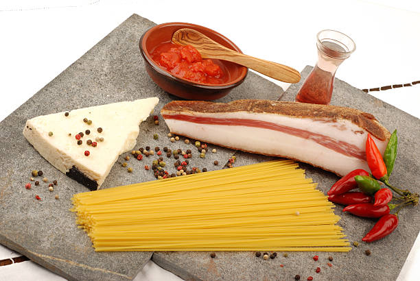 Spaghetti Amatriciana Spaghetti amatriciana with bacon and cheese all'amatriciana stock pictures, royalty-free photos & images