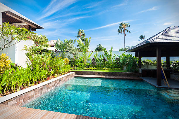 istock Modern water pool with colorful garden around it 540195468