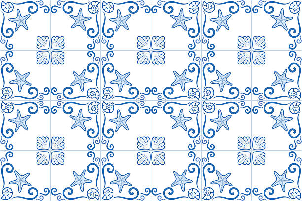 Ornate azulejo styled tiles with seaside theme. Starfish and shells. Ornate sea themed portuguese and brazilian tiles azulejos with starfish and shells. Spanish talavera tiles. Vintage pattern. Abstract background. Vector illustration, eps10.  mexican tile cross stock illustrations