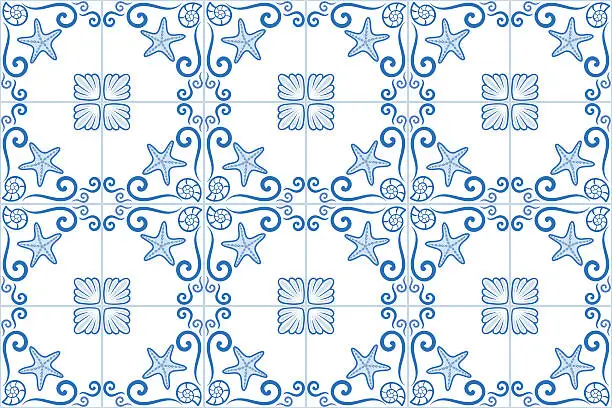 Vector illustration of Ornate azulejo styled tiles with seaside theme. Starfish and shells.