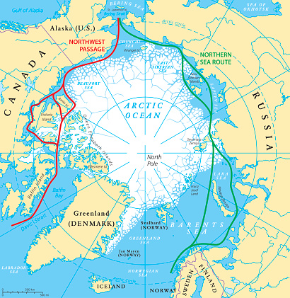 Arctic Ocean sea routes map with Northwest Passage and Northern Sea Route. Arctic Region map with countries, national borders, rivers, lakes and average minimum extent of sea ice. English labeling and scaling.