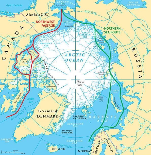 Arctic Ocean Sea Routes Map Arctic Ocean sea routes map with Northwest Passage and Northern Sea Route. Arctic Region map with countries, national borders, rivers, lakes and average minimum extent of sea ice. English labeling and scaling. north pole map stock illustrations