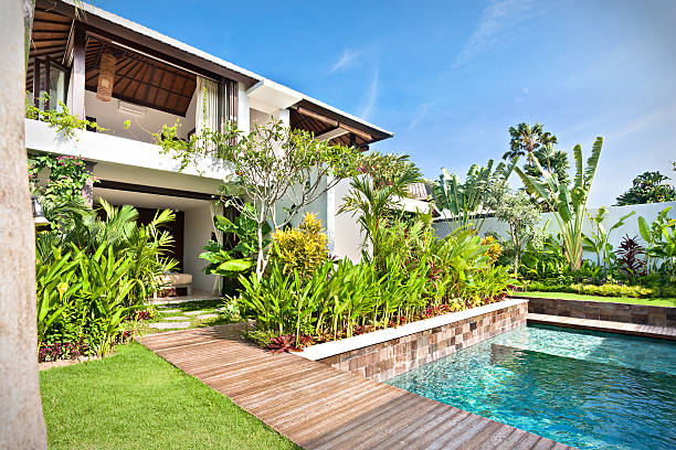 istock Luxury house with a pool and a garden with lawn 540201274