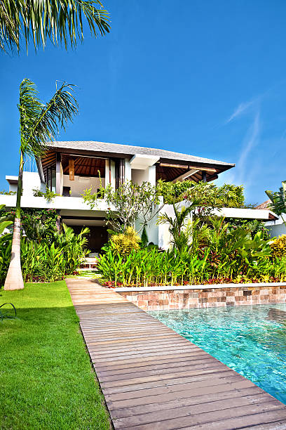istock Neutrally decorated house with a lawn and a pool 540201294