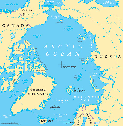 Arctic Ocean map with North Pole and Arctic Circle. Arctic region map with countries, national borders, rivers and lakes. Map without sea ice. English labeling and scaling.