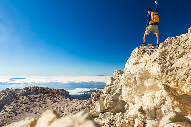 istock Hiking man or trail runner looking at view in mountains 540202616