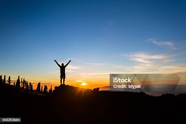 Man Hiker Silhouette With Arms Outstretched Enjoy Mountains Stock Photo - Download Image Now