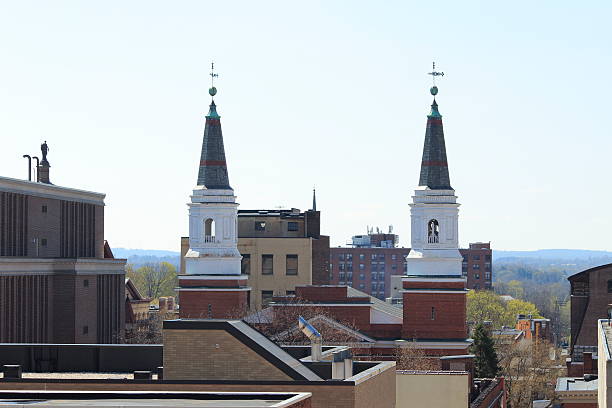 Twin church spires shot from high vantage point in Lancaster, PA