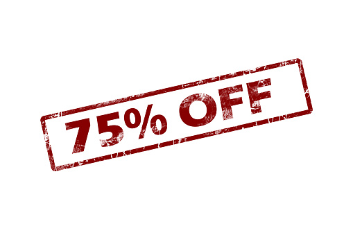 stamp 75 percent off with red text over white background