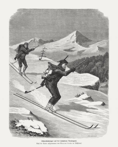 ノルウェーのスキー「ハンターズ」、木製の彫り込み日に創刊 1872 - telemark skiing点のイラスト素材／クリップアート素材／マンガ素材／アイコン素材