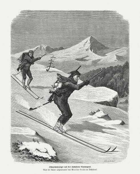 narciarstwo myśliwi w norwegii, drewno rytownictwo, opublikowana w 1872 - telemark skiing stock illustrations