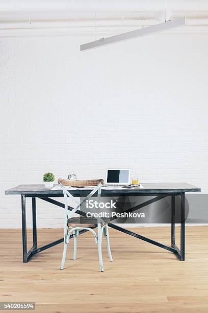 Workplace In Room Stock Photo - Download Image Now - Blank, Brick Wall, Chair