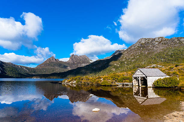 Cradle Mountain Boat Shed World Heritage Cradle Mountain, Historic Boat Shed and Dove Lake in Cradle Mountain - Lake St Clair National Park, Tasmania tasmanian stock pictures, royalty-free photos & images