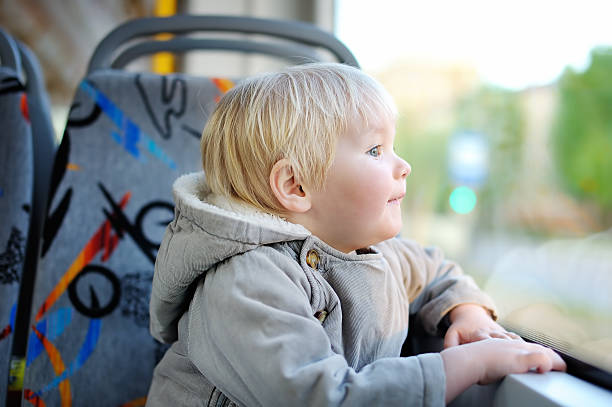 istock Toddler boy looking out train or tram window 540210864