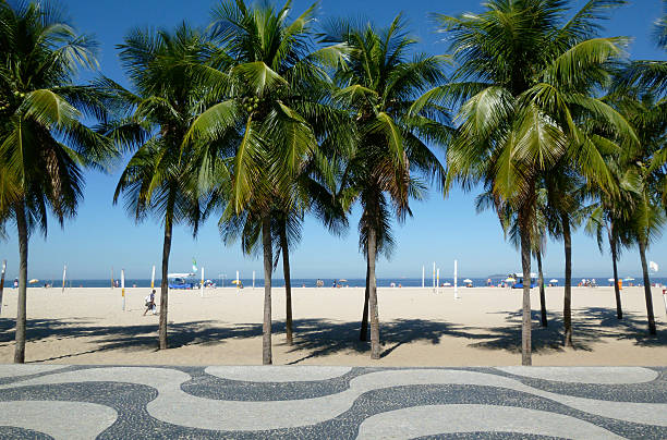 Rio de Janeiro, Brazil - June 15, 2016: View of the iconic Copacabana wavy mosaic sidewalk, some palm trees, the beach and the horizon.
