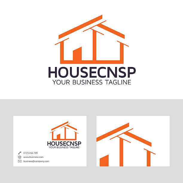 ilustrações, clipart, desenhos animados e ícones de conceito de casa modelo do logotipo vetorial com cartão de negócios - orange texas