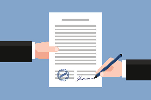 Signing of business agreement Hand keeping an agreement and hand keeping a pen. Stage of signing an agreement. Business partnership concept business plan document stock illustrations