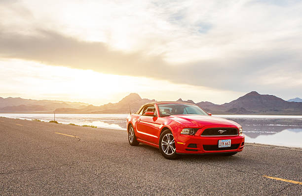 Bonneville, United States - June 5, 2015: Photo of a Ford Mustang Convertible 2012 version at Bonneville Salt Flats,Utah, USA. The fifth generation began with the 2005 model year to 2014.