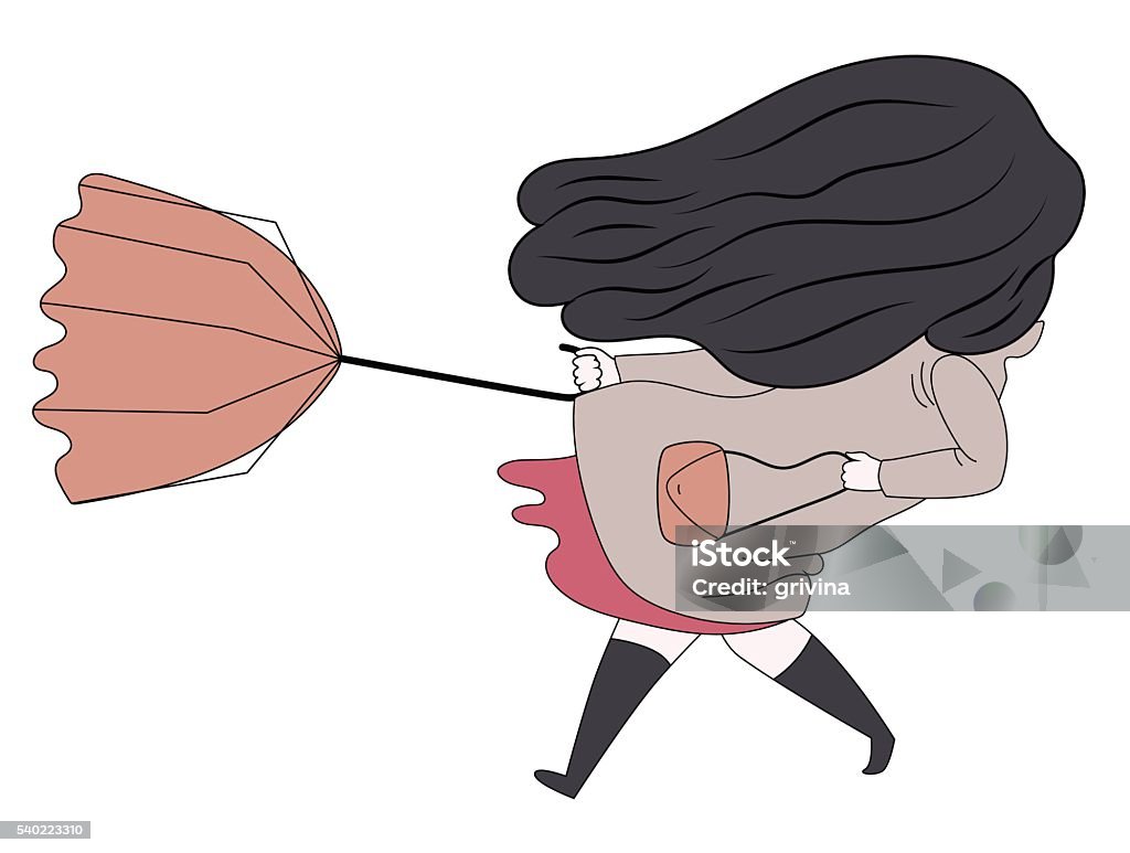 Windy girl 2 A flat vector cartoon illustration of a brunette girl with long hair wearing high boots and raincoat, holding the umbrella turned inside out blown by window Adult stock vector