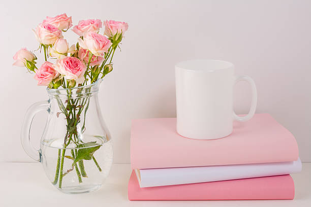 Coffee mug mockup with pink roses. White mug mockup. Mug Product Mockup. Styled mockup. Product mockup. White cup mockup. Cup mockup. Empty Mug.  Mockup Blank mug.
