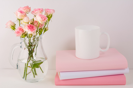 Coffee mug mockup with pink roses. White mug mockup. Mug Product Mockup. Styled mockup. Product mockup. White cup mockup. Cup mockup. Empty Mug.  Mockup Blank mug.