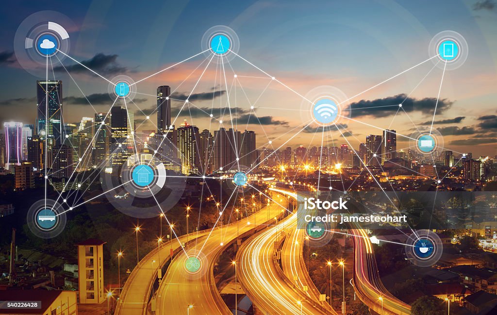 smart city and wireless communication network smart city and wireless communication network, abstract image visual, internet of things Internet of Things Stock Photo