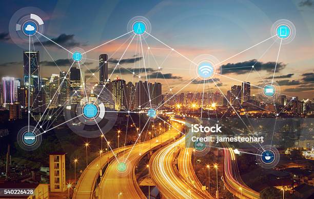 Smart City And Wireless Communication Network Stock Photo - Download Image Now - Internet of Things, Technology, Night