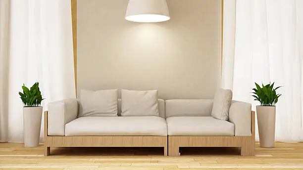 White and wood sofa with plant in white room-3D rendering