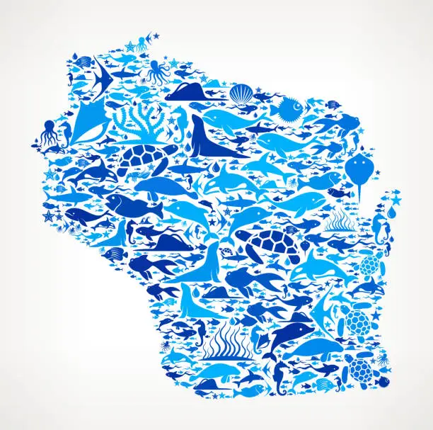 Vector illustration of Wisconsin Ocean Marine Life Blue Icon Pattern