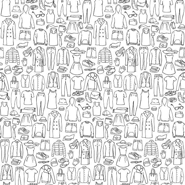 stockillustraties, clipart, cartoons en iconen met doodle seamless pattern with man and woman clothes - men's fashion