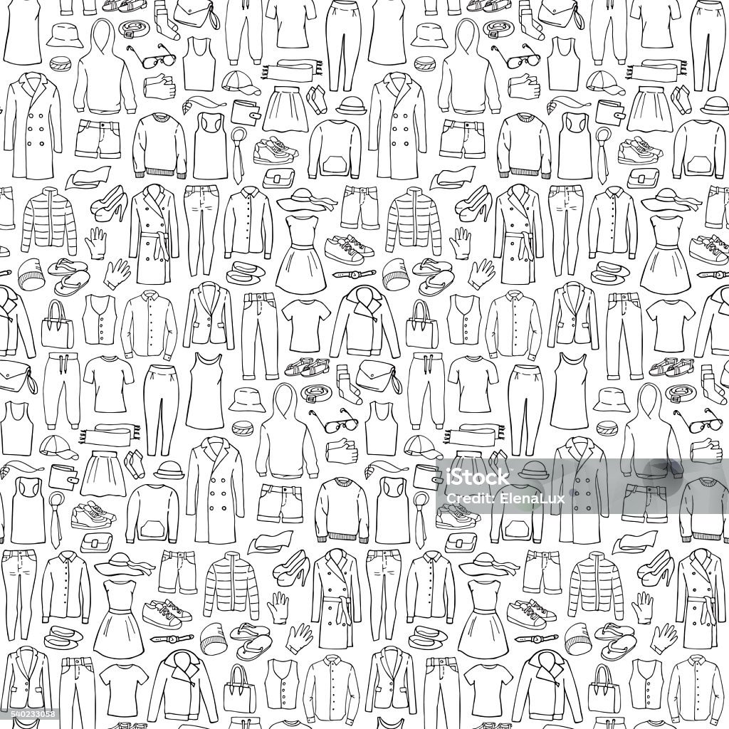 Doodle seamless pattern with man and woman clothes Seamless pattern of hand drawn man and woman clothes and accessories elements Clothing stock vector