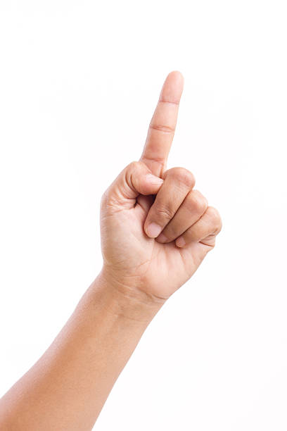 istock female hand pointing up to blank space 540233238