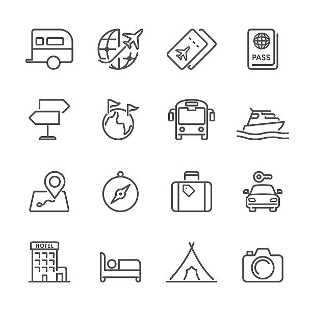 illustrazioni stock, clip art, cartoni animati e icone di tendenza di linea piatta icone-serie di viaggio - valigia