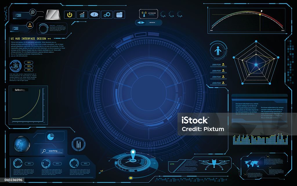 hud interface technology computing screen innovation concept design background hud, interface, ui, template, icon, technology, tech, hi tech, sci fi,  computer, screen, monitoring, innovation, security, drone, world map, level, infographic, data, access, stream, online, copyspace, space, composition, circular, line, linear, texture, pattern, digital, networking, internet, vector, illustration, blue, gradient, background, backdrop, Surveillance stock vector