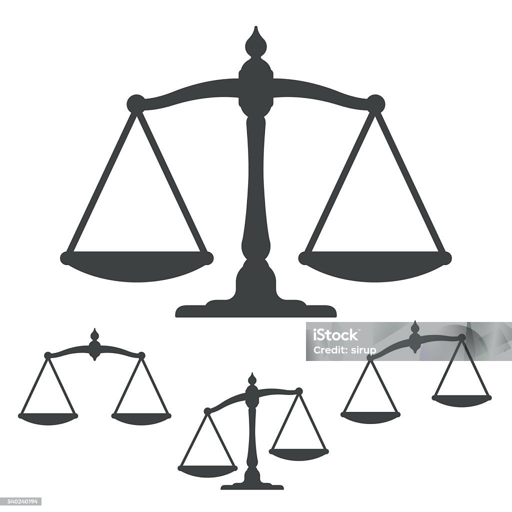 Symbols of justice on white background Vector image of silhouette weight scales. Close-up of justice balance icons over white background. Creative art is representing symbol of justice. Equal-Arm Balance stock vector