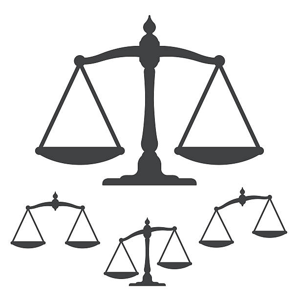 Symbols of justice on white background Vector image of silhouette weight scales. Close-up of justice balance icons over white background. Creative art is representing symbol of justice. balance silhouettes stock illustrations