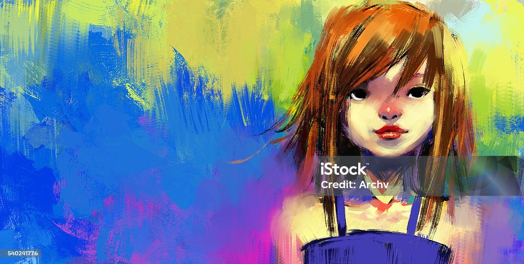 digital painting of cute girl, acrylic on canvas texture Adult stock illustration