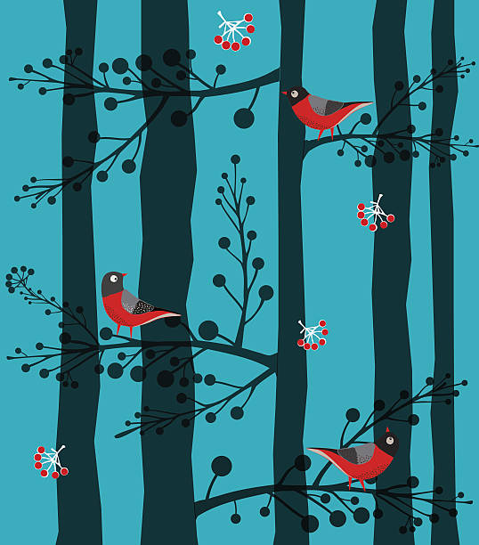 птица, сидя на дерево, лес зимой - tree winter bird branch stock illustrations