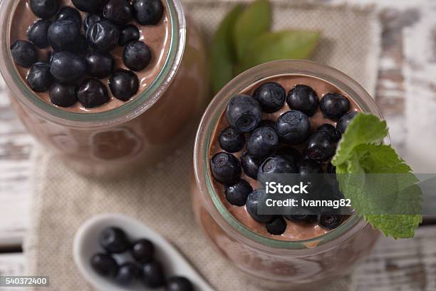 Morning Snack With Chia Seeds Chocolate Pudding And Blueberries Stock Photo - Download Image Now