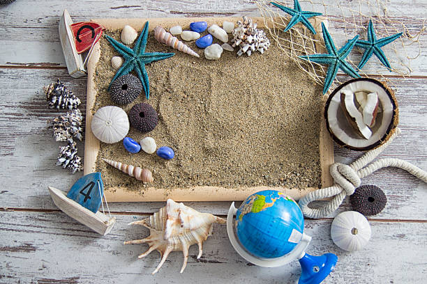 istock beach Marine background with pebbles shell and starfish on wooden 540375616
